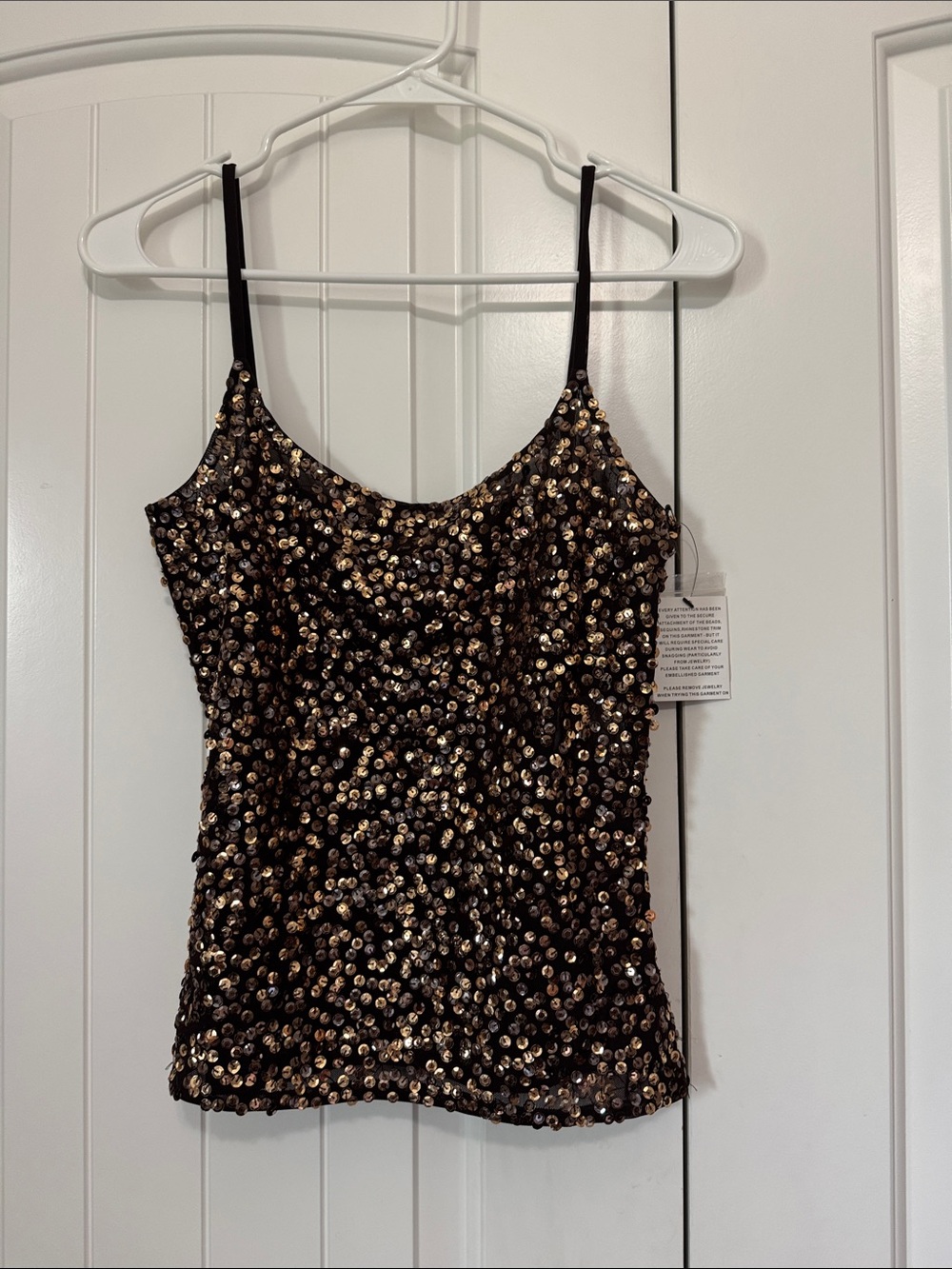 Reba Black/Brown Sequin Spaghetti Strap Tank Top - Shimmering Evening Top